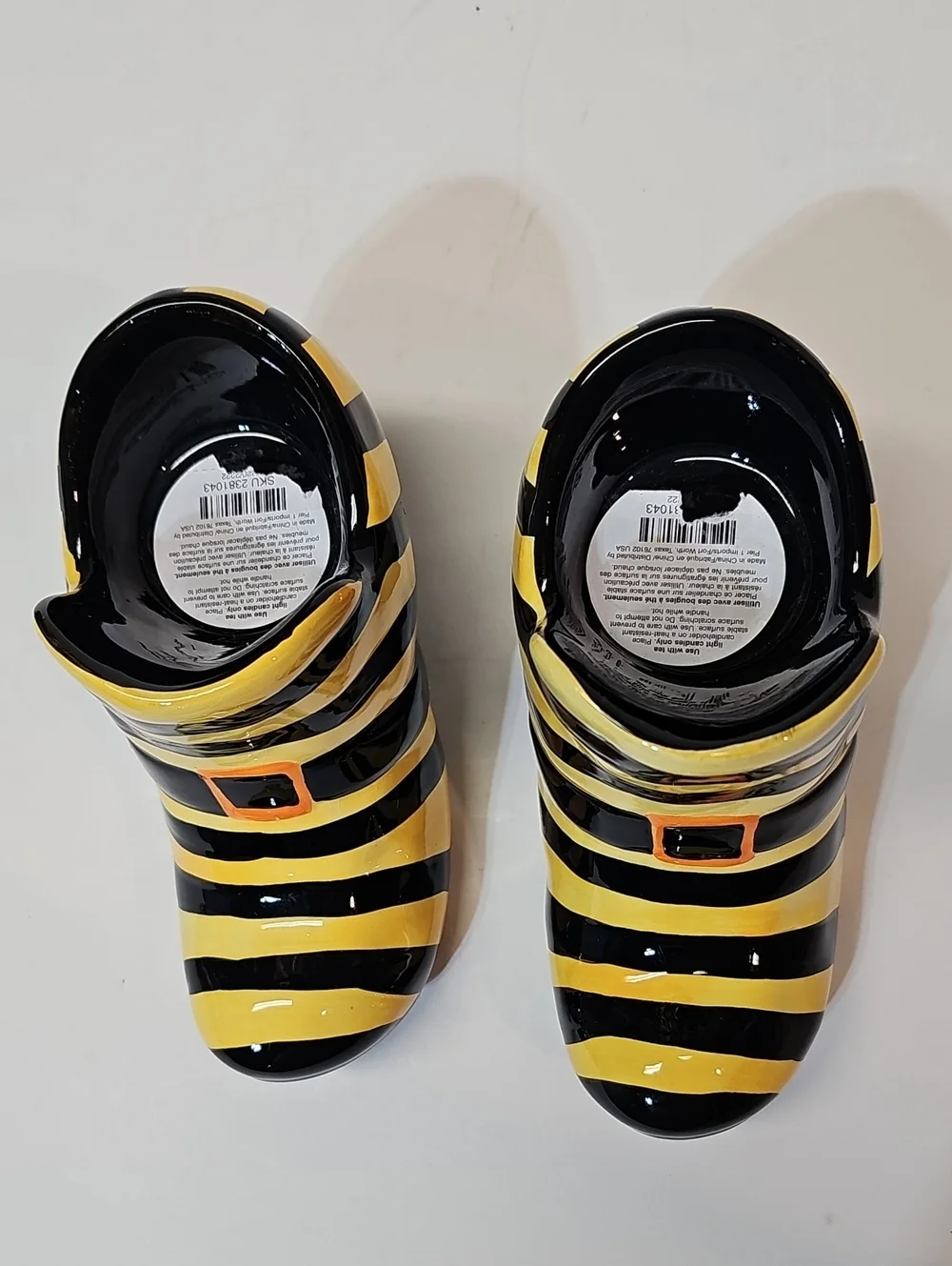 Vintage Halloween Pier 1 Imports Striped Ceramic Witch Boot/Shoe Candle Holders